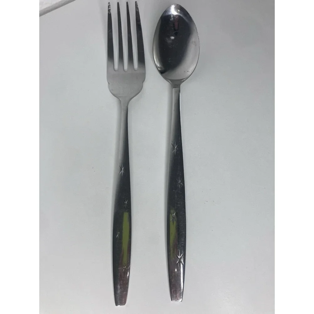 VTG Heavenly Star Stainless Flatware‎ Japan Starburst 2 Serving Pcs Spoon Fork